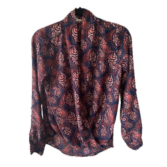 Pleione Nordstrom Paisley Surplice Draped Snap Closure Faux Wrap Hi Lo Blouse S - Picture 1 of 7